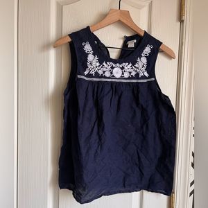 J. Crew Navy Blue Blouse with White Embroidery